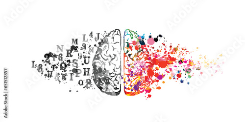 Colorful human brain with letter symbols vector background. Creative thinking, brainstorming, ideas, communication, education and learning. Mental health concept and psychotherapy