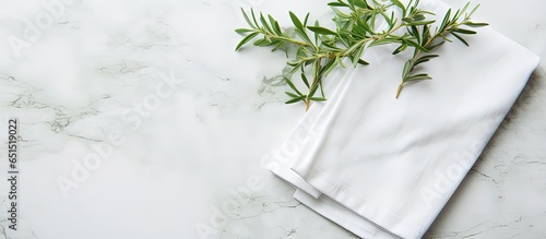 Green plant on marble table with folded linen napkin top view