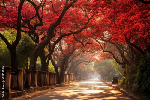 Autumn road with red trees in a park, shot in China, japan, peaceful fall scenery, flamboyant trees at roadside, urban walkway, sunlight, red flower trees, maple trees