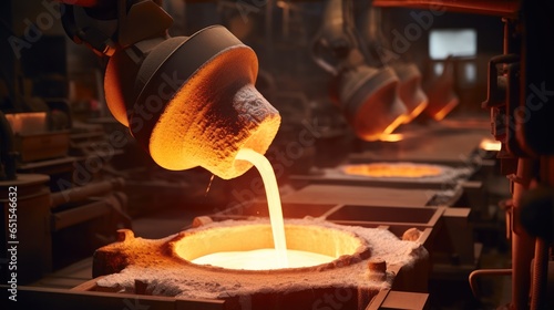 Foundry ladle pouring molten metal in heavy industry factory.