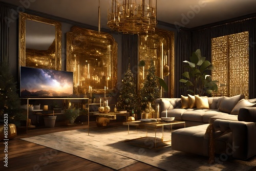 Gilded Tranquility: Happy New Year's Serenity in a Cozy Living Room 3D