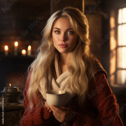 beautiful blonde and white woman drinking coffee from a cup
