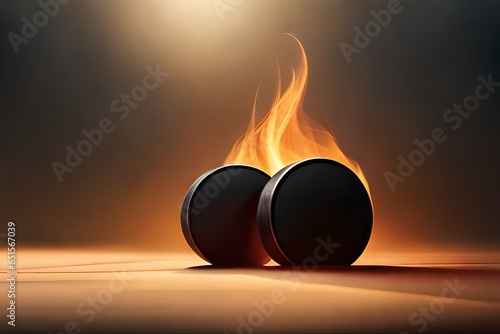Set of three realistic black hockey pucks in fire isolated on transparent background vector illustration