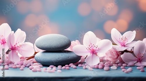 spa wellness: stones for massage and rose Flowers copy space 