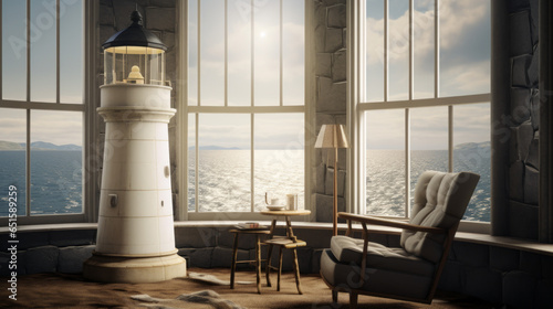 Scandinavian Lighthouse Lookout A room with lighthouse-inspired decor, coastal views, and a maritime charm with insanely extreme texture details and every object is extremely 