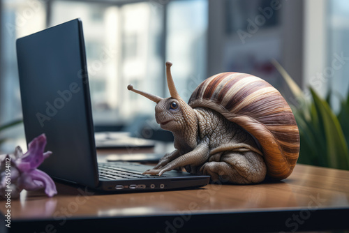 Giant snail working on a computer, concept of slow work, slow connection, internet