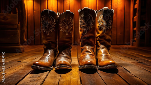 Cowboy Boots Shine on a Vibrant Wooden Stage. Wooden Charm and Cowboy Chic. Generative AI