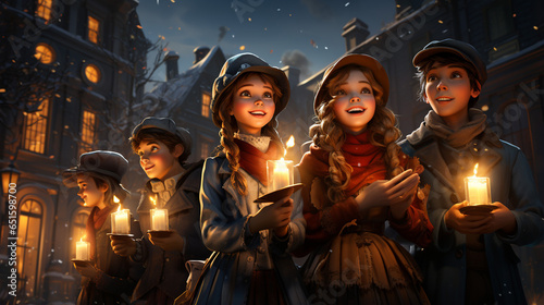 children's singing Christmas carols on the night with holding candles