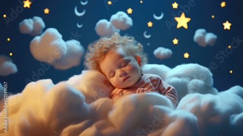 a boy baby kid child sleep at night on cloud with stars lullaby concept relax