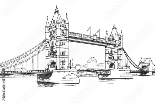 Tower bridge and the Thames River in London vector doodle line art