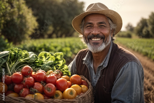 middle aged latin farmer smiling and working in an agricultural field portrait, harvesting tomatoes