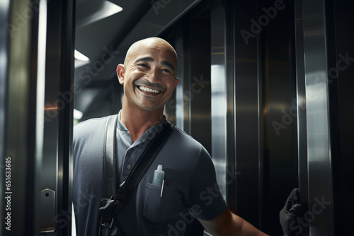 a smiling Elevator repairman in a high rise elevator