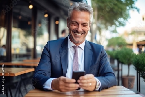 A sharply-dressed businessman exudes confidence as he flashes a charming grin while scrolling through his phone at an outdoor table, his tailored suit and tie complementing the sleek furniture