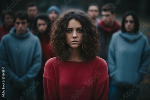 Portrait of a woman with multiple people from society in the background illustrating social pressure on women and woman's social issues
