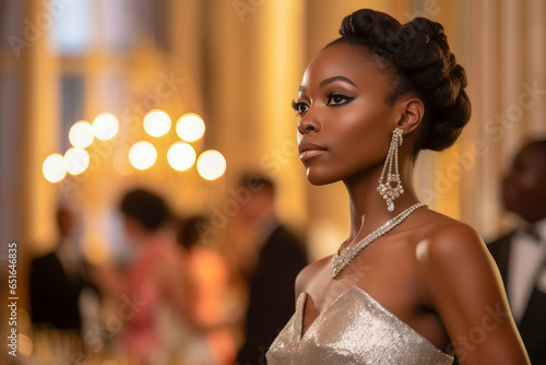Successful woman is seen attending a high-profile charity gala, exuding elegance and grace in a sophisticated evening gown. Woman's power and strength. AI generated image 