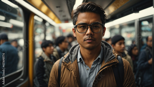Man in the bus, a commuter navigating a busy city while wearing AR glasses that provide turn-by-turn directions, traffic updates, and public transportation information.