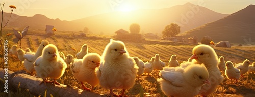 a mother hen guards her fluffy chicks in the golden sunlight, embodying the essence of organic poultry farming.