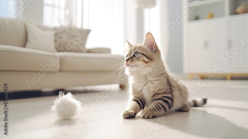a young domestic cat as it pounces and plays with a feather toy in a serene, minimalist living room bathed in natural light.