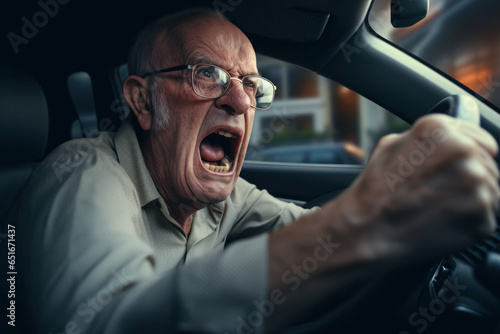 Intense Moments: Elderly Man Exhibits Frustration and Ire as He Drives Amidst Dense Traffic, Raising His Voice in Discontent, Overwhelmed by Road Rage.