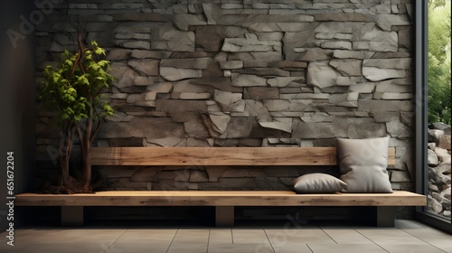 Wild stone cladding wall and wooden bench. Decorative tree trunks composition in minimalist style interior design of modern entrance hal. Generate AI