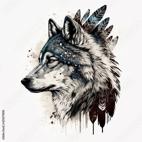 Monochrome wolf Indian warrior totem symbol