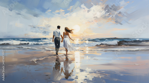 A fusion of hues dances across the canvas, melding passion with nature. Brushstrokes caress the scene, crafting a couple in tender embrace beneath a cerulean sky. Their silhouettes