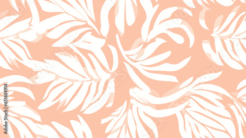 Peach white abstract background with tropical palm leaves in Matisse style. Vector seamless pattern.