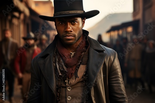portrait of a cowboy in a hat, Gunslinger, dusty town, high noon. generative ai