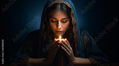 A Jewish woman prays, hands covering her face by the Shabbat candles, with a prayer book nearby..