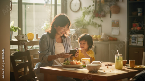 Asian child use Mobile Phone in the living room with mom and eating breakfast