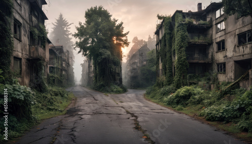 Immeubles d'habitation recouverts de plantes dans une ville abandonnée