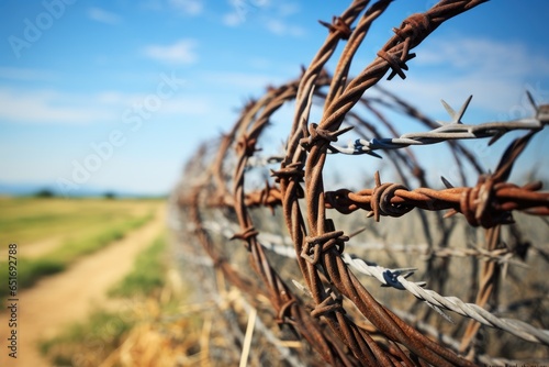 Barbed and razor wire fence. Fencing the state border against immigration