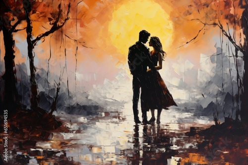 Oil painting of a couple in love