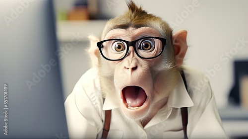 Anthropomorphic monkey with glasses working at a laptop in an office. Human characters through animals. Creative idea. Shocked, startled or frightened look with wide open mouth and bulging eyes.