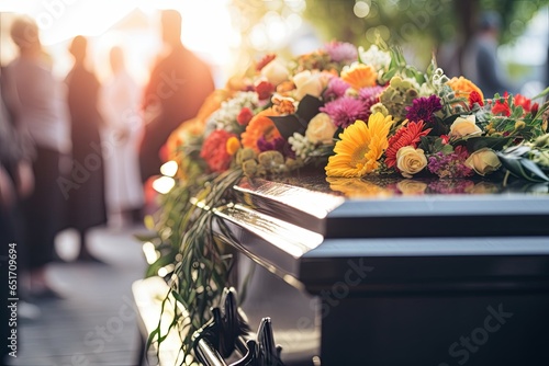 A funeral service with a coffin, flowers, and mourners in a church, symbolizing grief, remembrance, and the celebration of a life passed away.