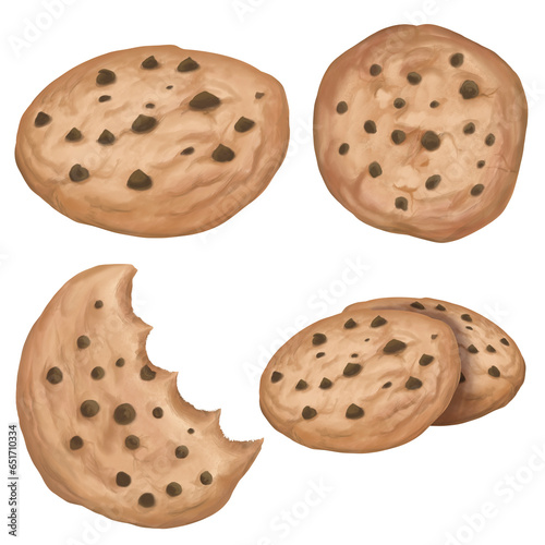 set de ilustraciones de galleta mordida con chispas de chocolate. Bocados de galletas dulces. Pasteler√≠a casera