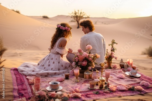 A romantic couple enjoys a desert adventure during their vacation, celebrating love and togetherness against the backdrop of a beautiful sunset.