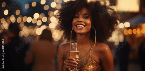 A radiant young black woman in an elegant evening dress smiles while holding a glass of champagne, set against a luxurious party backdrop.