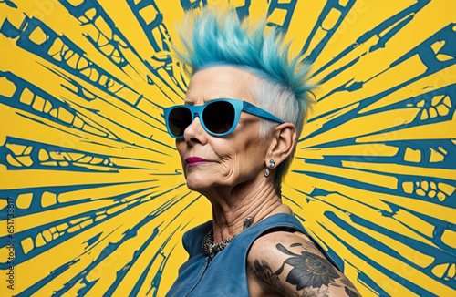 Older woman with blue painted punk hairstyle and jacket, strong personality and unique expression