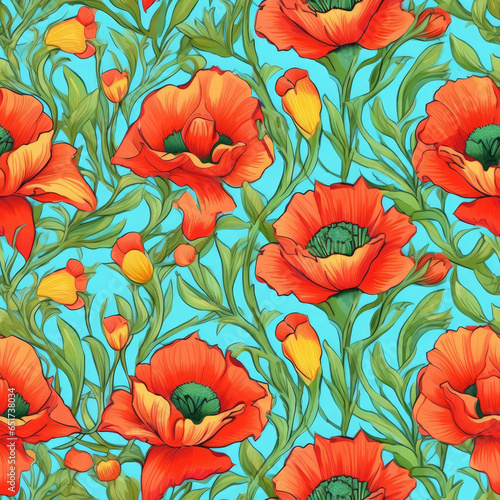 Vibrant poppy flowers in a repeating seamless pattern, AI Generated