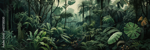 Illustration of dense woods with many green plant leaves