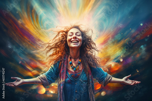 Hippie woman in ecstasy, cosmic ethereal trance - Conceptual illustration, mystical emotion, intense feeling, psychedelic trip, divine grace, spiritual awakening