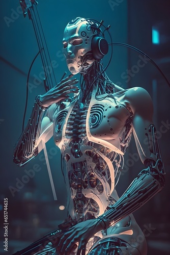 a cyborg in 2056 producing music using artificial intelligence photorrealistic 