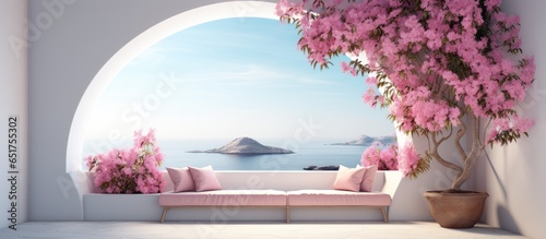 Contemporary Scandinavian wooden bench with white arch wall overlooking sea view for copy space