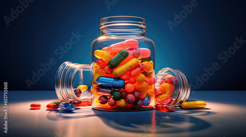 Medicine bottle spilling colorful pills depicting addiction risk, AI Generated