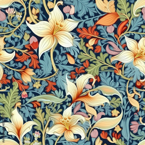 Jasmine flowers and paisley motifs inter woven seamless pattern, AI Generated