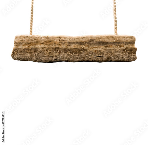 a wooden log hanging from a rope that says