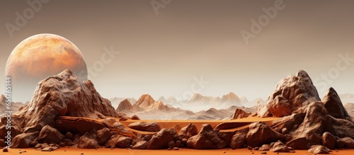 Illustration of a rocky planet with a desert landscape mountain range and sand dunes