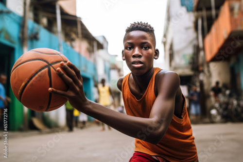 A young African boy playing basketball in a street court