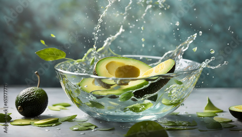 Avocado fruit and Avocado slices with leaf water splash in bowl. Image is generated with the use of an Artificial intelligence